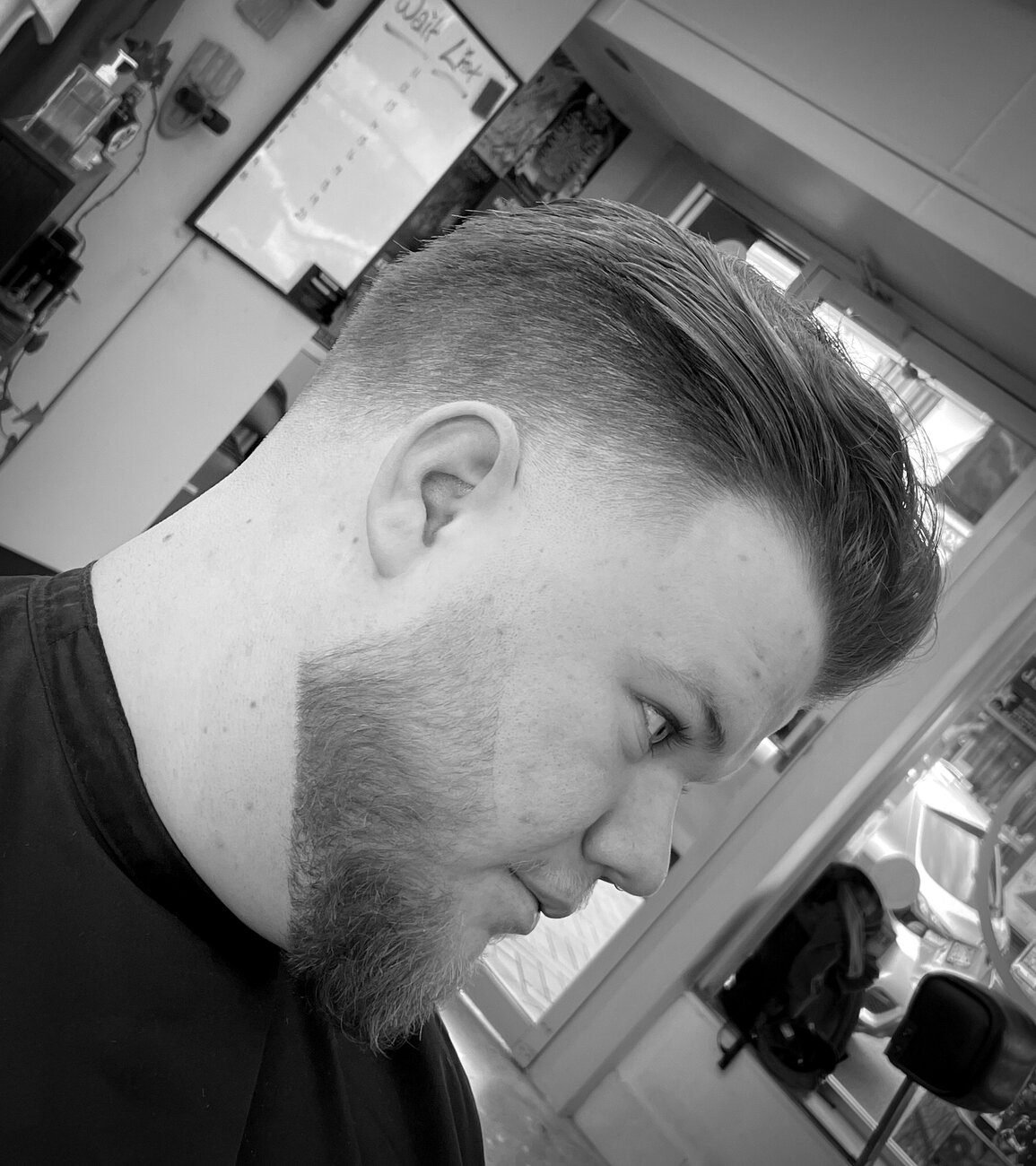 Scissor cut and skin fade with beard by Gallery X Barbershop, Newcastle